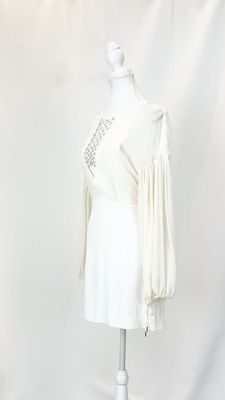 Dion Lee, Cream Interwoven Elastic Beaded Neckline Blouson L/Slv Silk Dress, Size 6