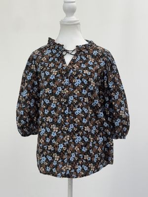 Ceres Life, Brown/Multi Floral Button-Up Puff 1/2 Slv Blouse, Size XS