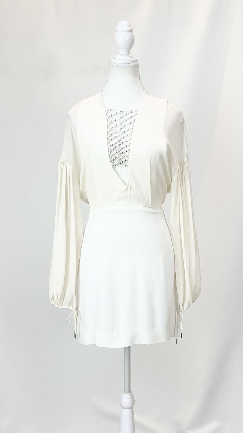 Dion Lee, Cream Interwoven Elastic Beaded Neckline Blouson L/Slv Silk Dress, Size 6