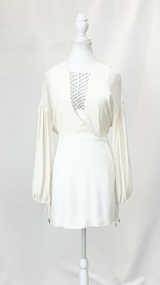 Dion Lee, Cream Interwoven Elastic Beaded Neckline Blouson L/Slv Silk Dress, Size 6