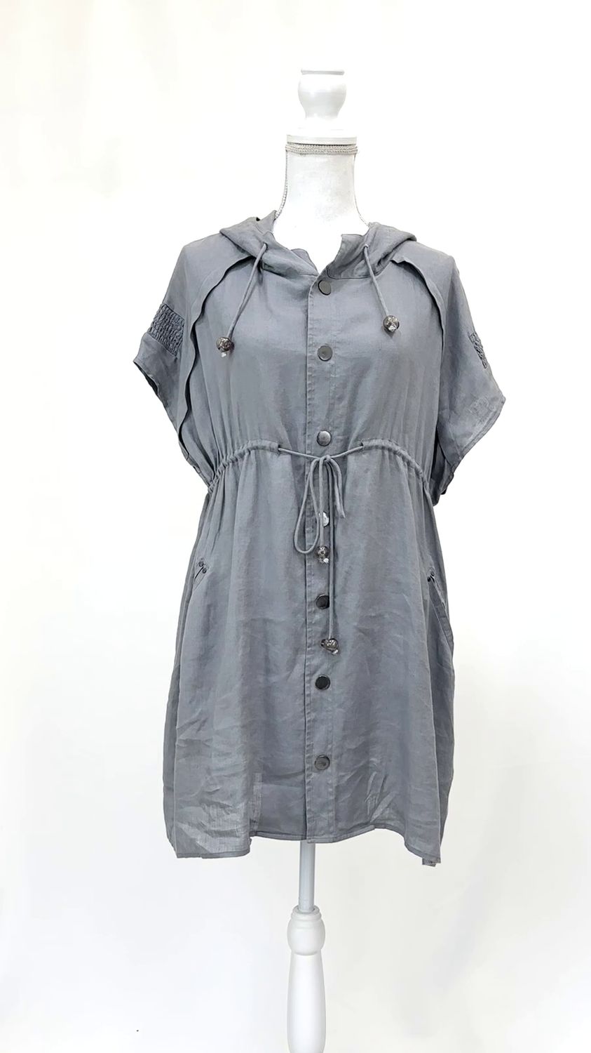 sita murt/, Grey  Hooded Snapstud Front S/Slv Linen Dress W/D/String Waist, Size 40