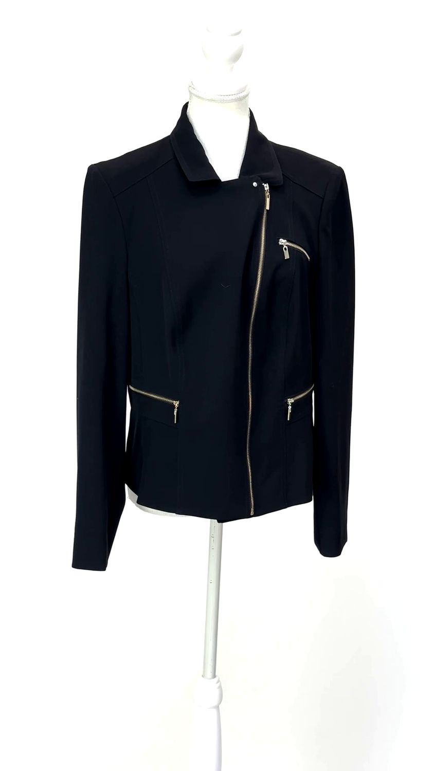 Gerry Weber, Black/Gold Zip Front + Pkt Peplum Hem Jacket, Size 42