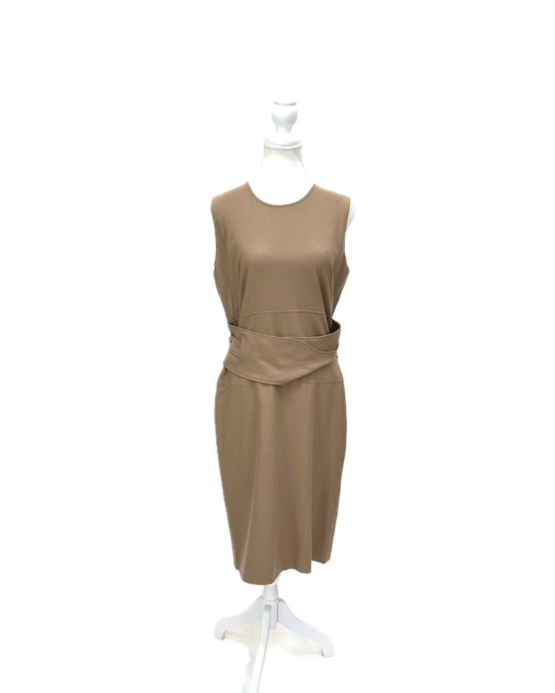 Gucci, Camel Wide Wrap Waist Button Belt Wool/Cashmere Blend Midi S/Less Dress. Size 44
