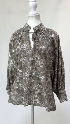 Zoe Kratzmann, Fawn/Whte/Blue Floral V-Tie Gathered Neck Blouson 3/4 Slv Blouse, Size 0