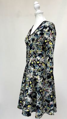 Erdem, Teal/Blues/Multi/Black V-Neck V-Neck Flare Hem 3/4 Slv Dress, Size US4/UK8