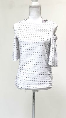 White/Navy Embroidery Flock Bare Shoulder S/Slv  Top, Size UK6