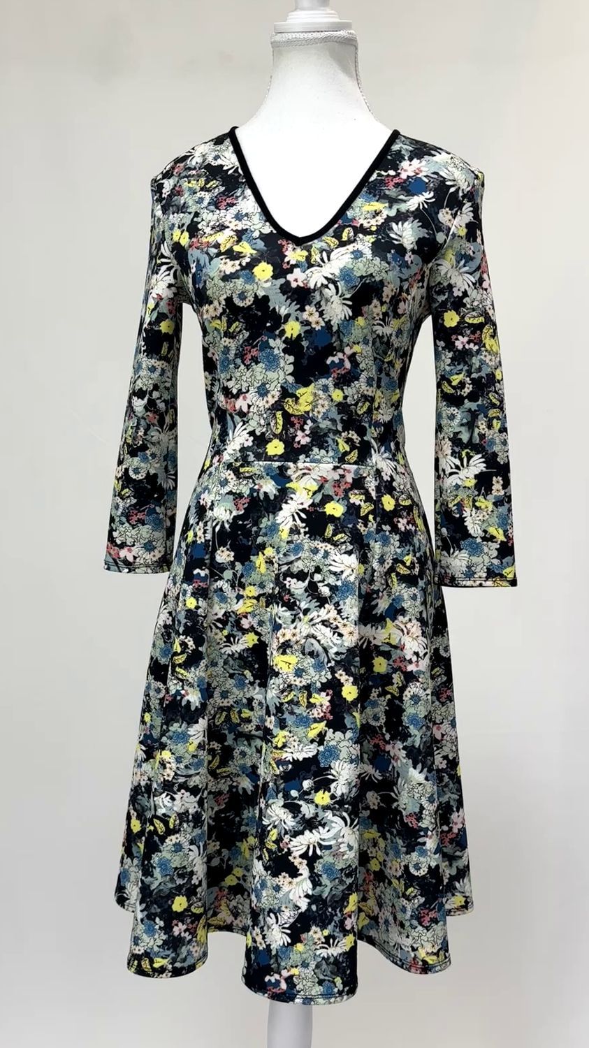 Erdem, Teal/Blues/Multi/Black V-Neck V-Neck Flare Hem 3/4 Slv Dress, Size US4/UK8
