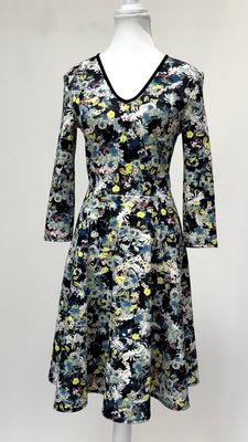 Erdem, Teal/Blues/Multi/Black V-Neck V-Neck Flare Hem 3/4 Slv Dress, Size US4/UK8
