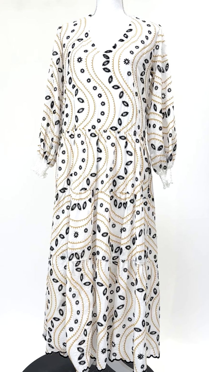 Valerie Khalfan, White/Yellow/Black Embroidered L/Slv Midi Dress