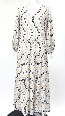 Valerie Khalfan, White/Yellow/Black Embroidered L/Slv Midi Dress