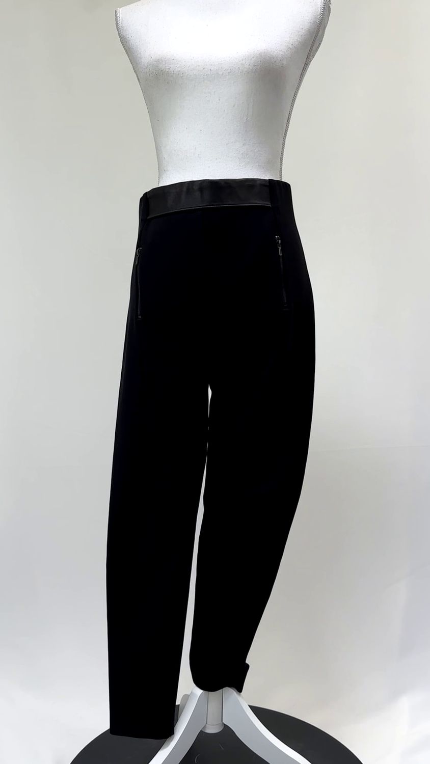 Dion Lee, Black Leather Trim Elastic W/Band Zip Pkt Straight Leg Pants, Size 10