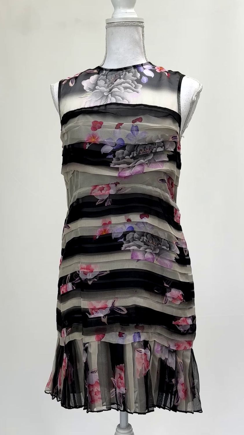 Scanlan Theodore, Black/Stone/Pink/Multi Floral Stripe Horizontal Pleated Frill Hem S/Less Silk Dress, Size 10