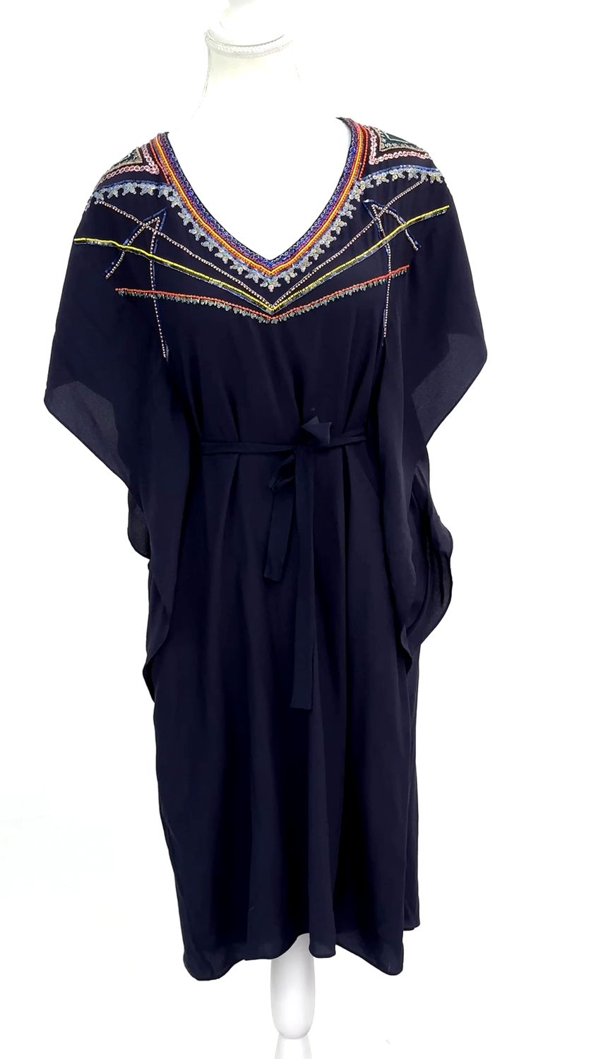 Megan Park, Navy/Multi Beaded V-Neckline Tie Belt S/Slv Dress, Size 1