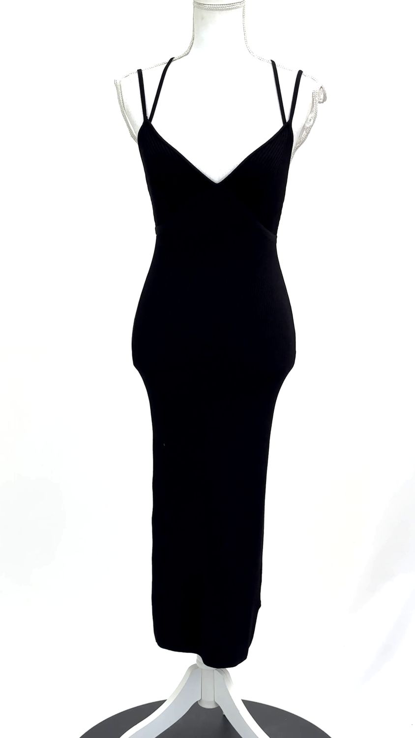 St.Cloud, Black Dbl Strap Viscose Crepe Rib Knit Midi Dress, Size S