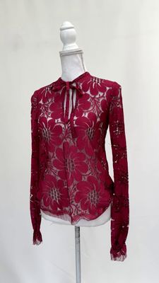 Scanlan Theodore, Raspberry Lurex Tinsel Lace Tie Neck L/Slv  Blouse, Size 6