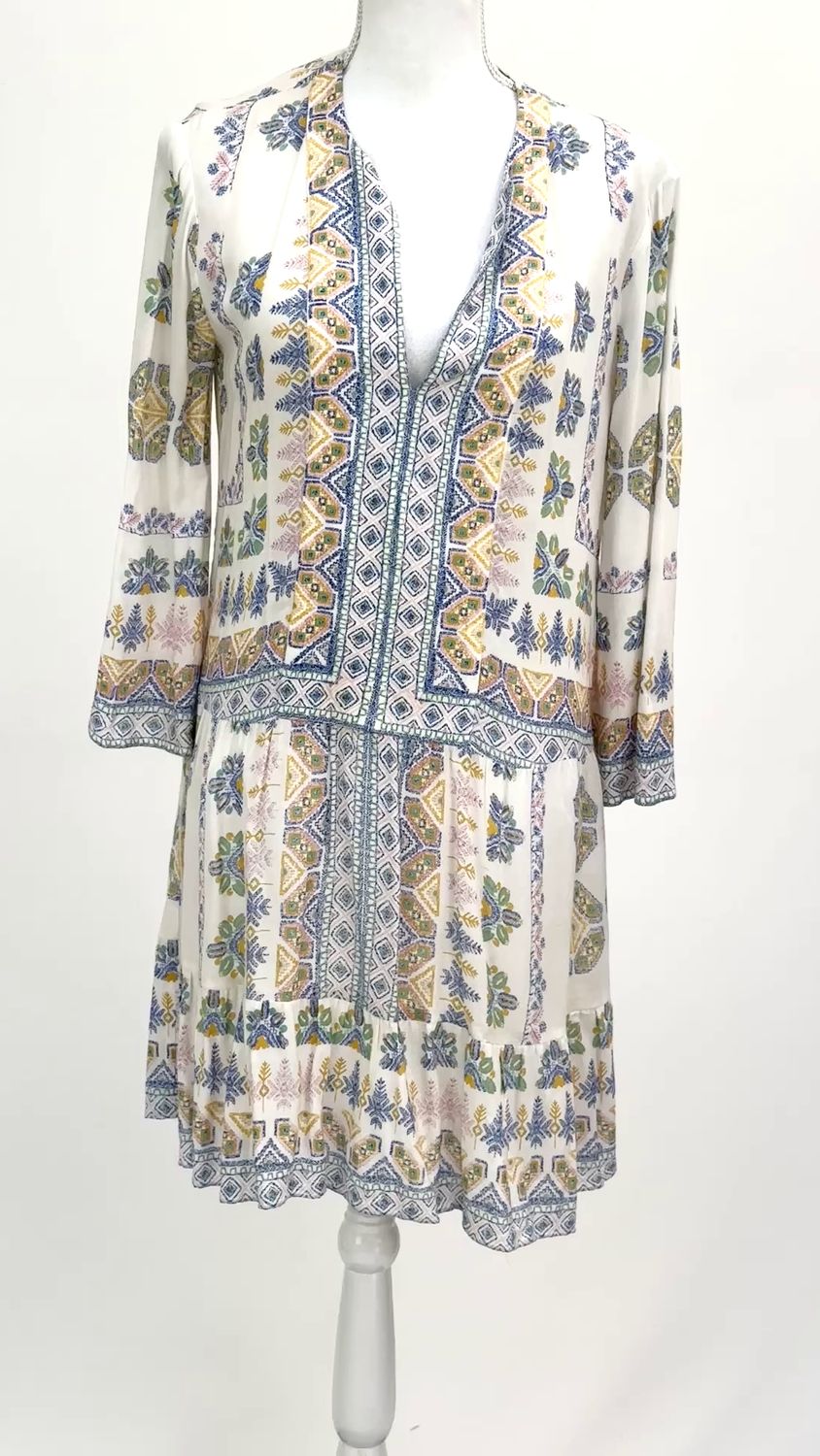 BCBGMAXAZRIA, White/Blue/Yellow Print Slit Neck L/Slv Dress, Size XXS