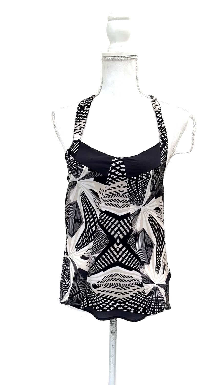Life With Bird, Grey/Beige/White Print Silk Strap Drop Hem Top, Size S