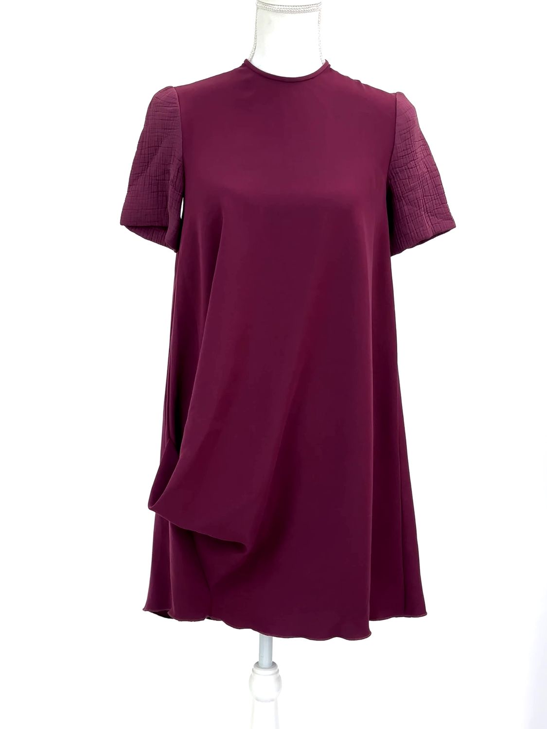 Ellery, Plum Asymmetrical Side Pleat Hem Textured S/Slv Dress, Size 6