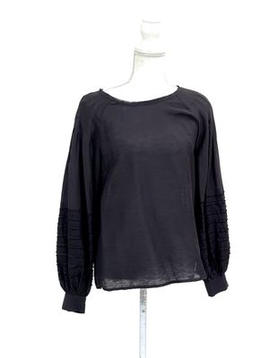 Manning Cartell, Black Pleat Raw Edge Textured Blouson L/Slv Linen Blend   Blouse, Size 10