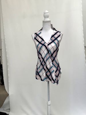Scanlan Theodore, Cream/Navy/Turq/Multi Diagonal Check Collared S/Less Top, Size 6