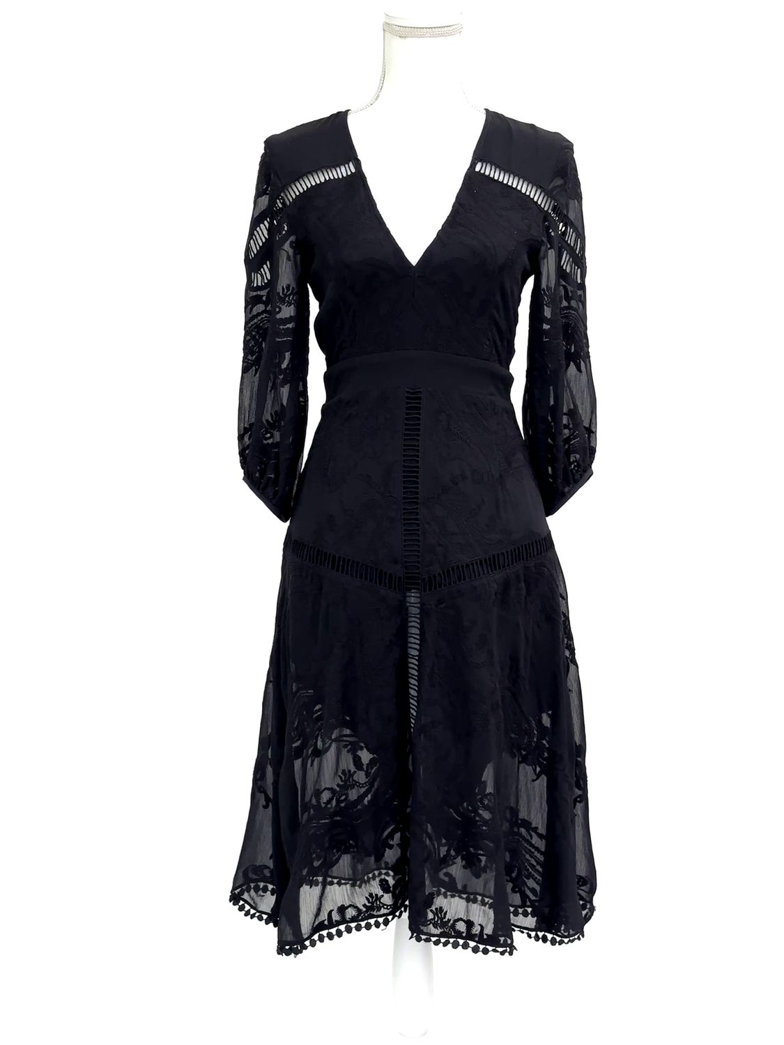 White Suede, Black Deep V-Neck Ladder Stitch Embroidered Puffed 3/4 Slv Midi  Dress, Size 6