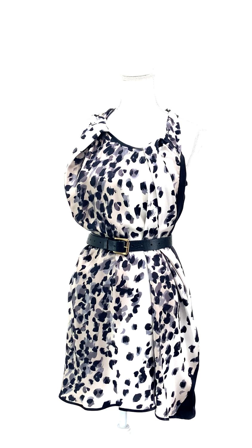 Preen By Thornton Bregazzi, Black/Cream/Browns Animal Print Twist Drape Knot S/Less Silk Dress W/Belt, Size S