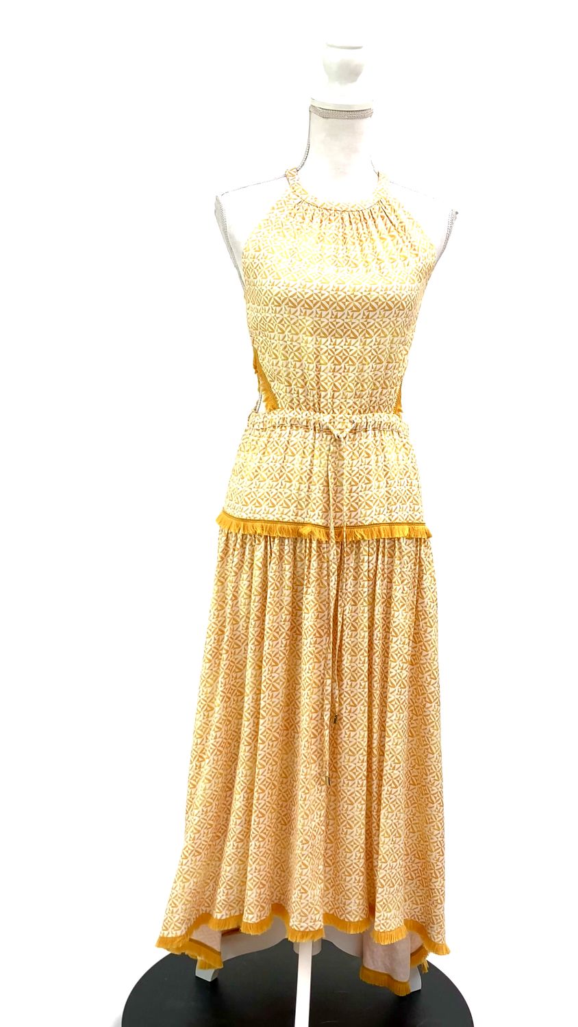 Cream/Gold Tassel Trims Cut-Out D/String Waist Halter Neckline S/Less Midi Dress