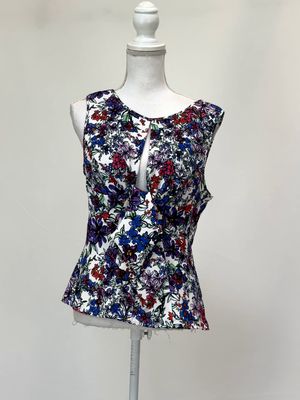 Scanlan Theodore, White/Multi  Floral Print Slit Tie Knot Front Strap Top, Size 12