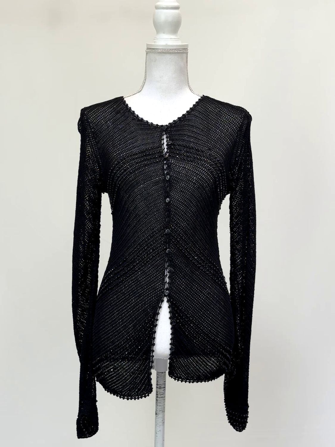Armani Collezioni, Black Beaded Crochet L/Slv Button-Up Cardigan, Size S