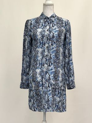 Equipment, White/Blues/Black Reptile Print Flap Pkt Silk L/Lsv  Shirtdress, Size XS