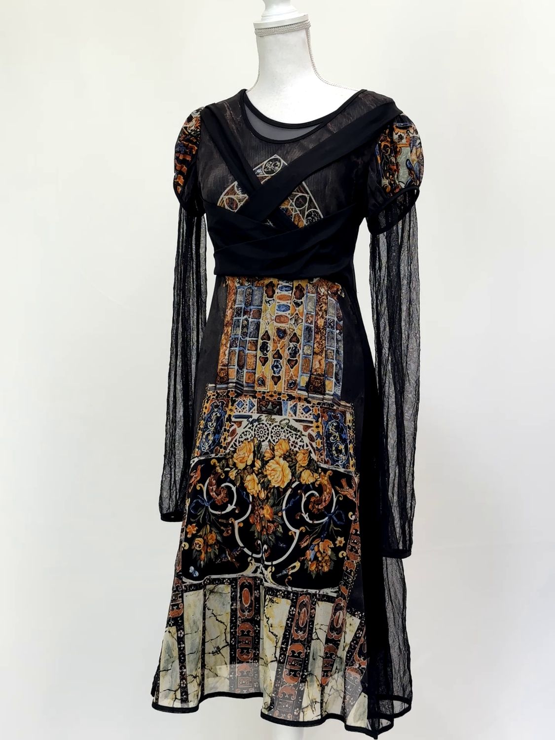 Save The Queen, Black/Orange/Browns Print Mesh Lace Panelled L/Slv Midi Flare Dress W/Mesh Cross Front Straps, Size XL