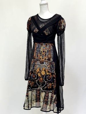 Save The Queen, Black/Orange/Browns Print Mesh Lace Panelled L/Slv Midi Flare Dress W/Mesh Cross Front Straps, Size XL