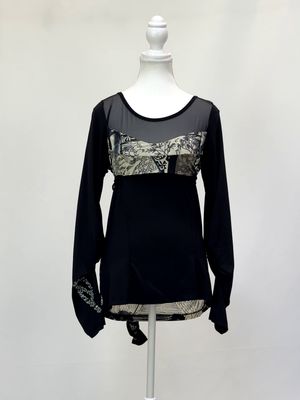 Save The Queen, Black/Cream/Teal Mesh Panelled Print Halter Tie Neck L/Slv Top W/Back Print, Size L