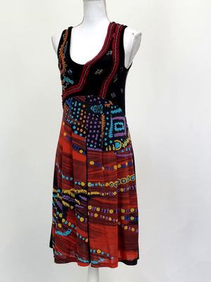 Save The Queen, Black/Red/Blue/Multi Print Fray/Embroid/Beaded Trims Flare Hem Strap Dress, Size XL
