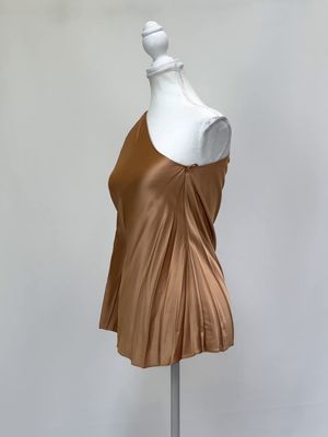 Scanlan Theodore, Caramel Asymmetrical Draped Shoulder One L/Slv Satin Top, Size 6