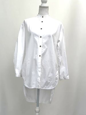 White Story, White Mandarin Collar Tail Hem Gathered L/Slv Longline Shirt, Size 8
