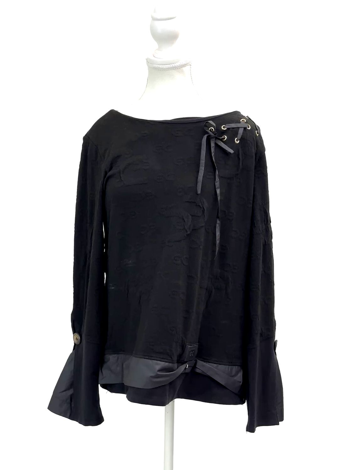 Elisa Cavaletti, Black Side Lacing Neckline Contrast Pleat Cuff Insets/Slv Top, Size IT48/XL