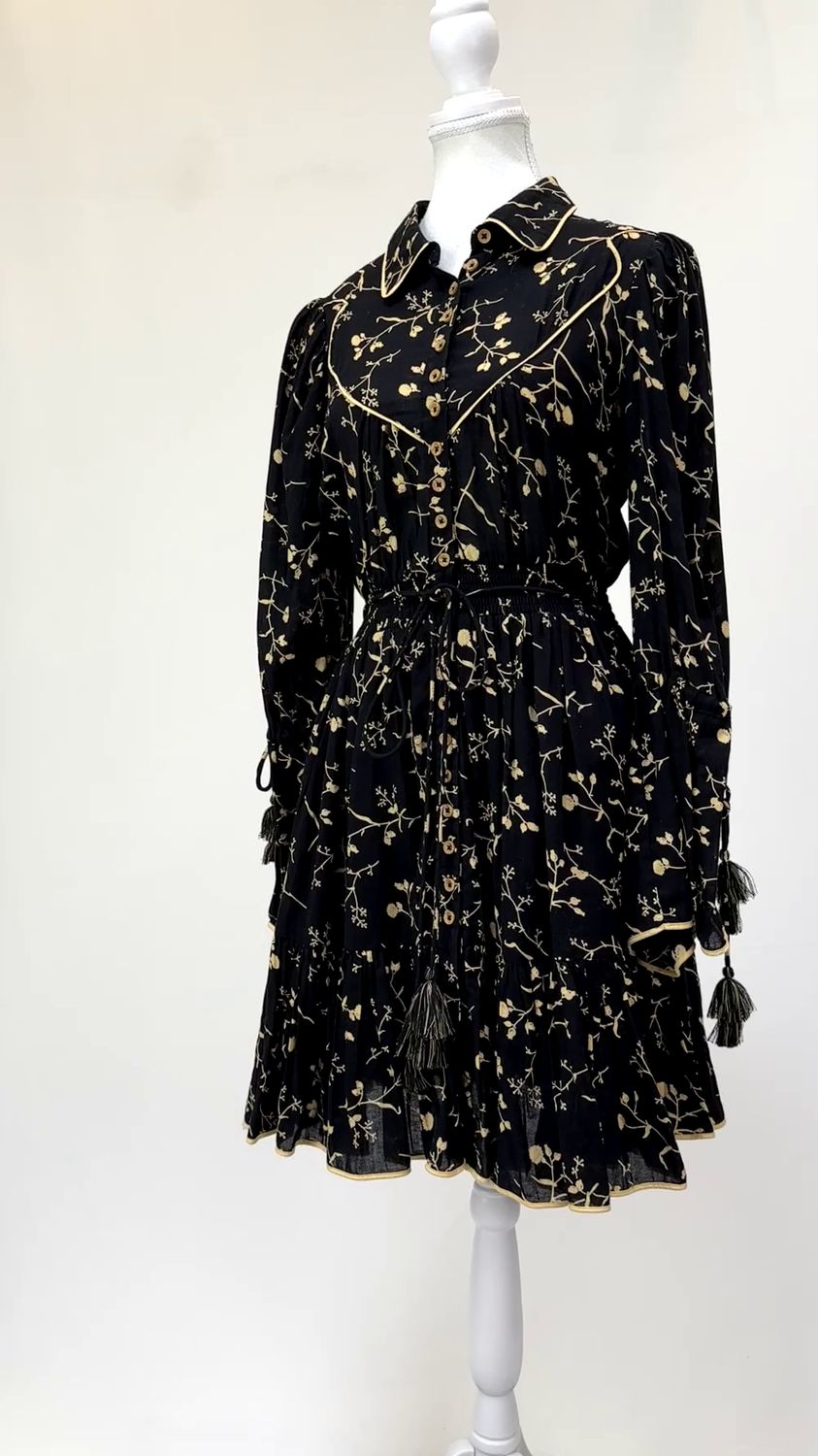 byTiMo, Black/Beige Print Button Front Shirred Waist Blouson Flare L/Slv Shirtdress, Size S