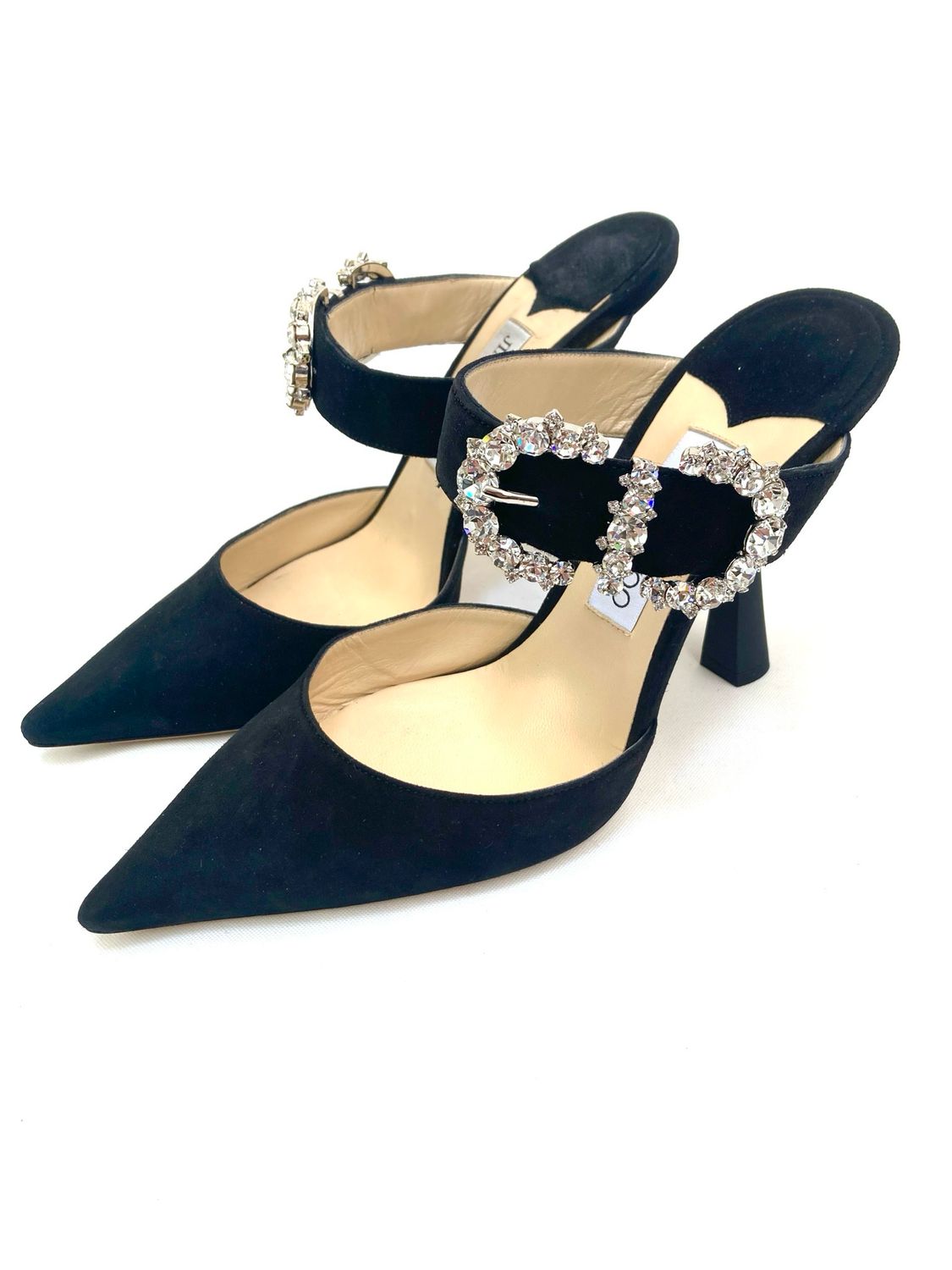 Jimmy Choo, Black/Silver Crystal Buckle Slip-On Pumps. Size 39