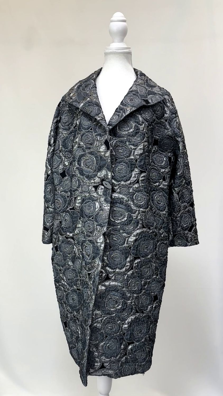 Carla Zampatti, Silver/Grey Brocade Metallic Button Up Coat (Has Matching Dress), Size 10