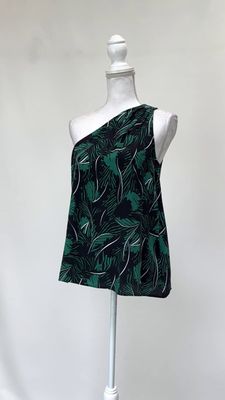 Equipment, Green/Black/White Palm Print Asymmetrical One Strap Silk Top, Size S