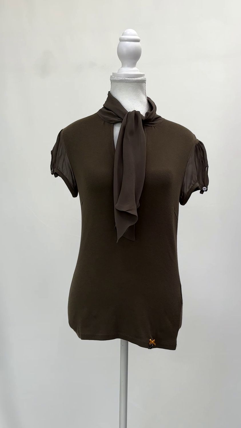 Marccain, Olive Rib Knit Tie-Neck Cap Slv Top, Size 3