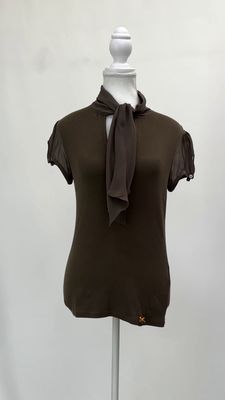 Marccain, Olive Rib Knit Tie-Neck Cap Slv Top, Size 3