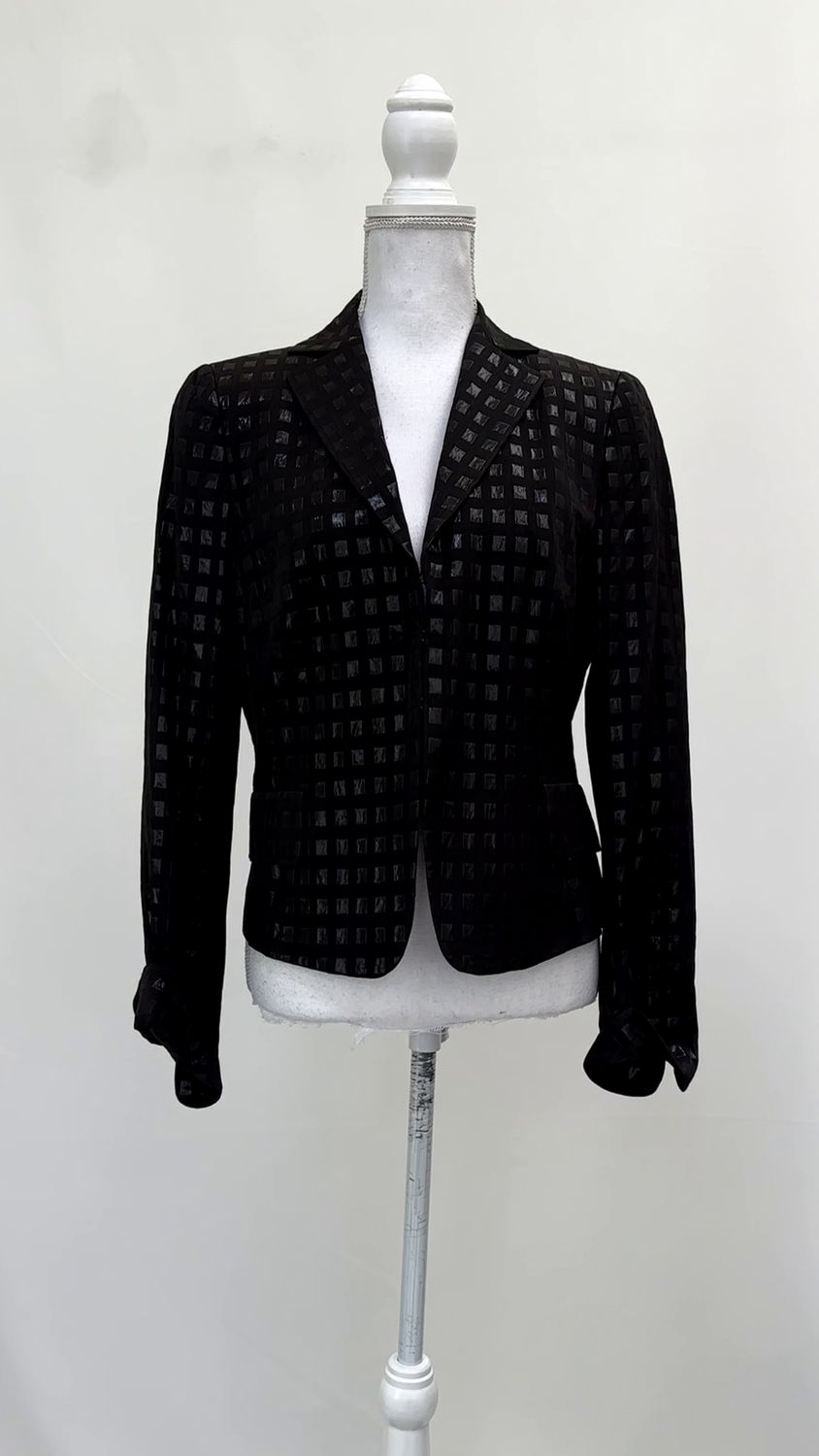 Akris, Black Sheen Square Patterned  Flap Detail Jacket, Size US10/F42