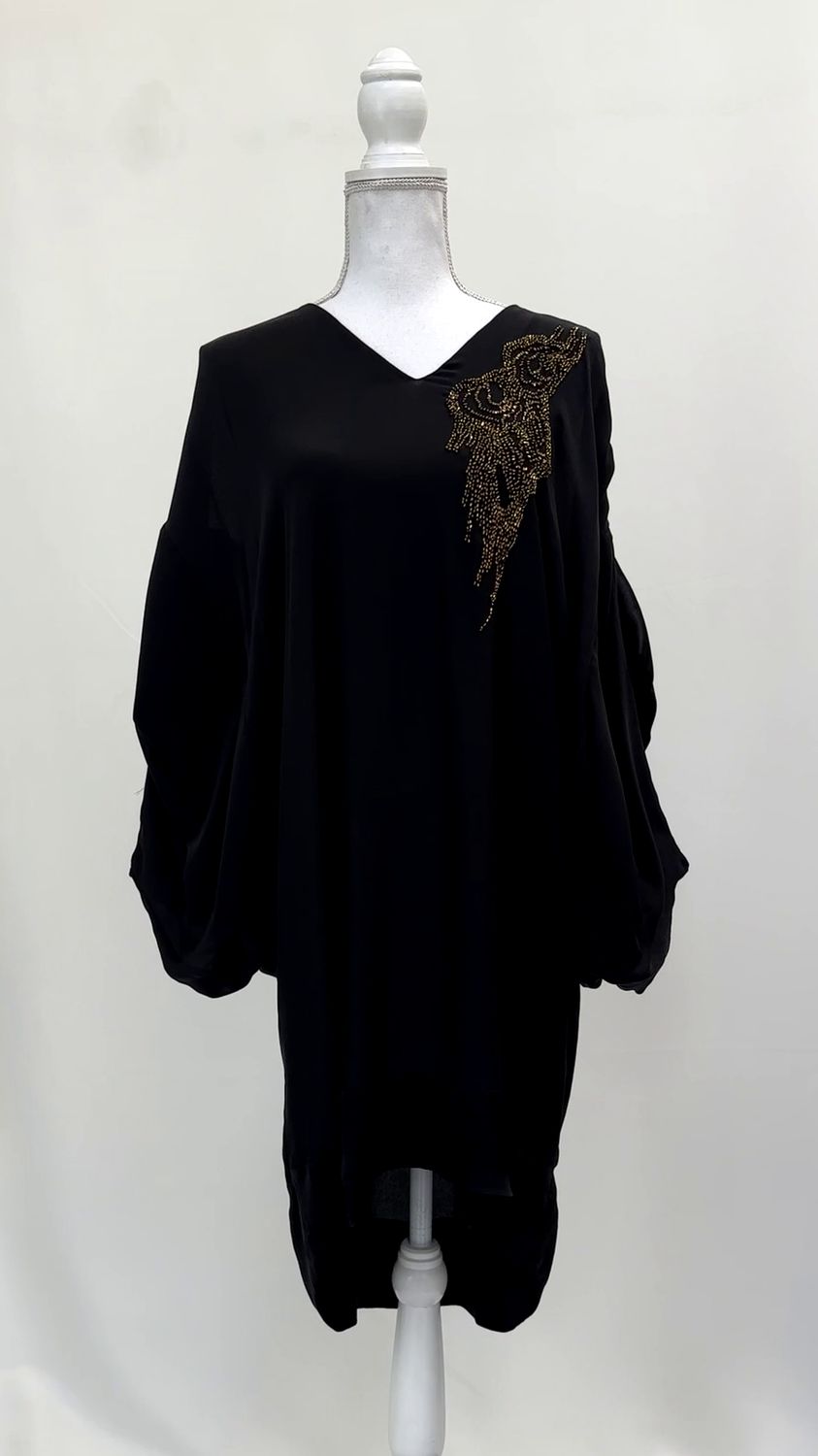 Arthur Galan, Black/Copper Beaded Front Bare Shoulder Silk Dolman S/Slv  Dress, Size 10