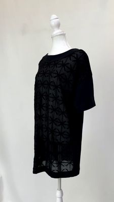 Pier Antonio Gaspari, Black Embroidery Mesh Patterned Front S/Slv Longline  Top Or/Minidress, Size 42