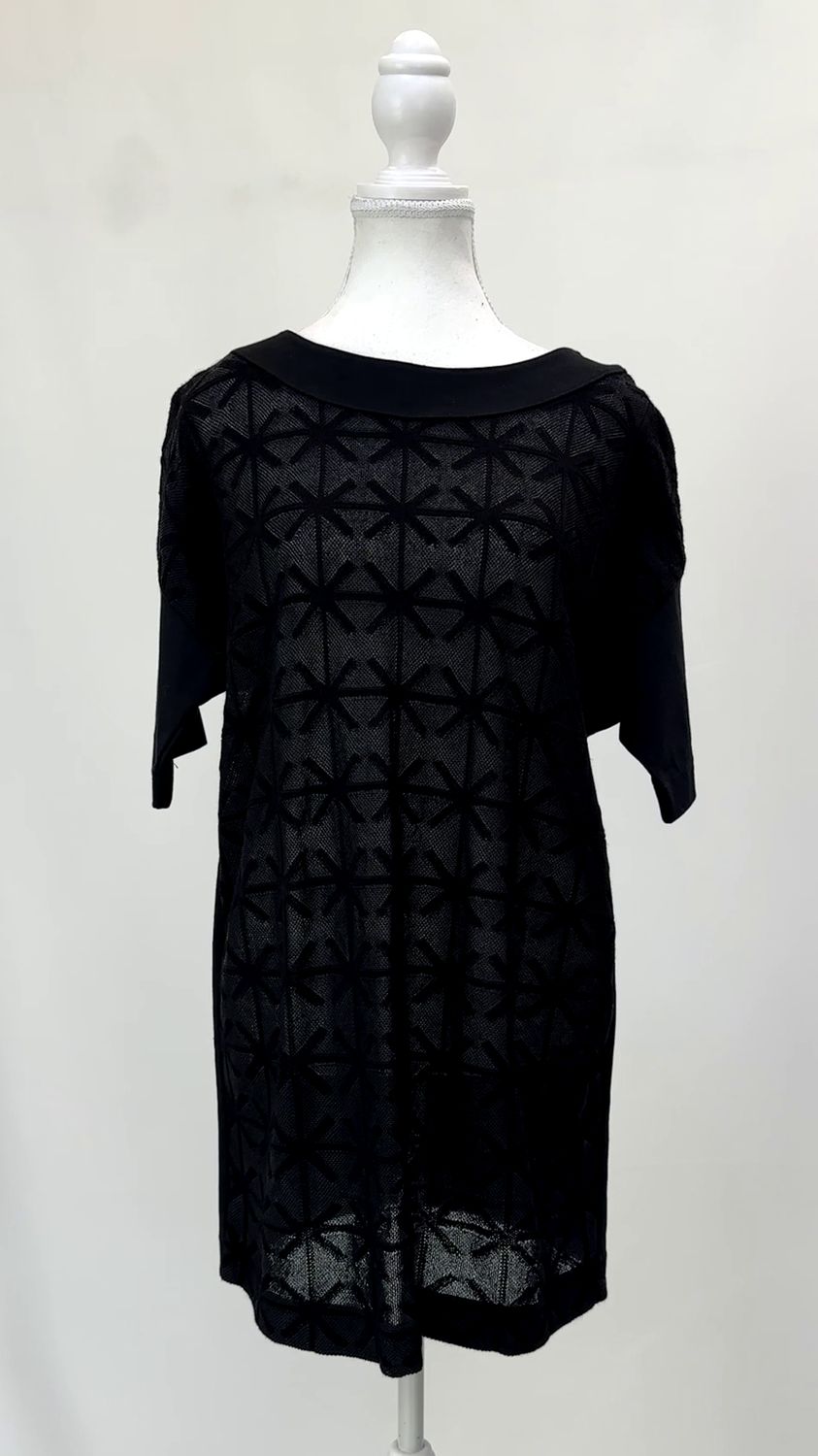 Pier Antonio Gaspari, Black Embroidery Mesh Patterned Front S/Slv Longline  Top Or/Minidress, Size 42