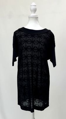 Pier Antonio Gaspari, Black Embroidery Mesh Patterned Front S/Slv Longline  Top Or/Minidress, Size 42