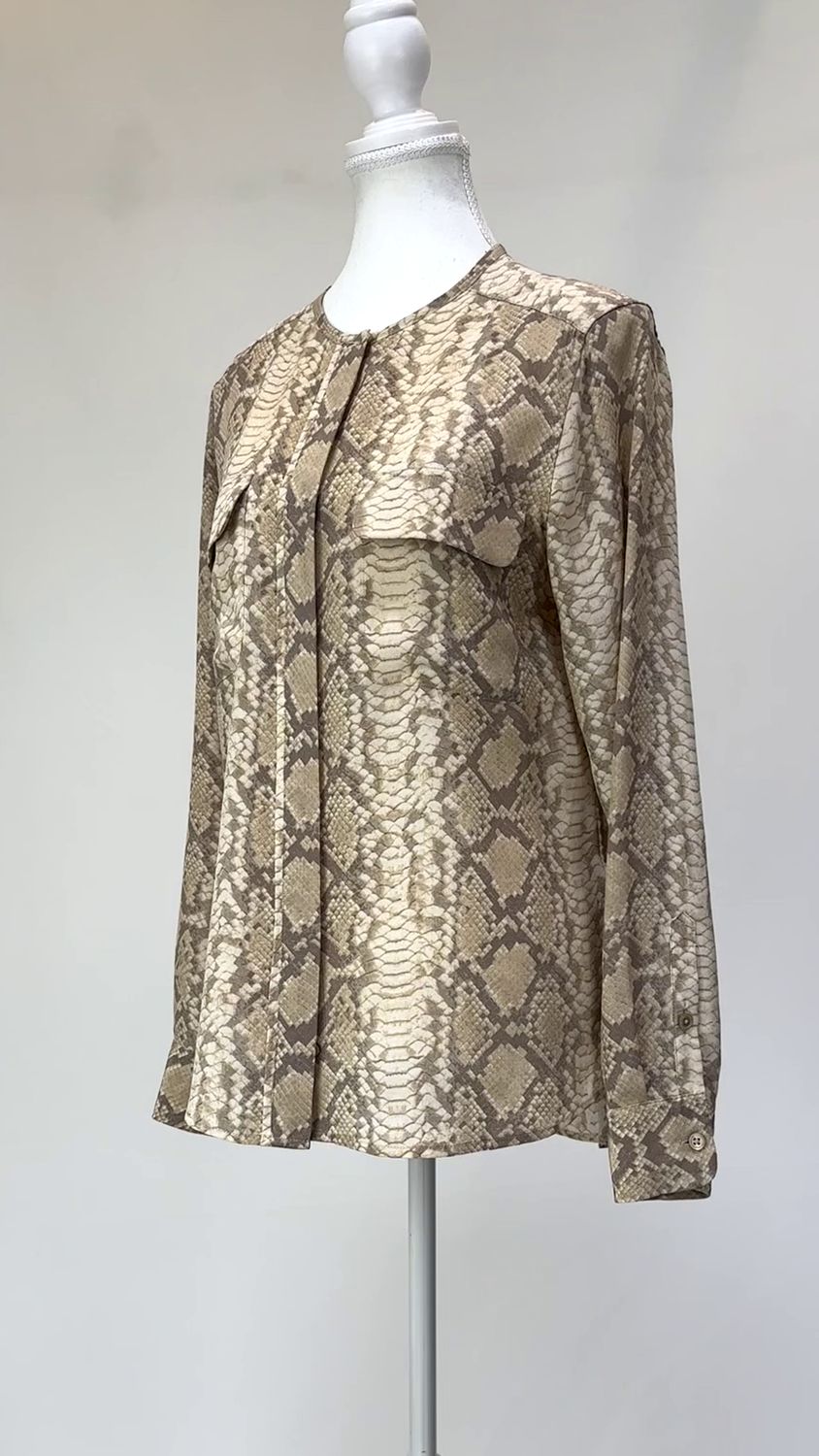 Equipment, Beige/Brown Reptile Print Flap Pkt Silk L/Slv Shirt, Size S