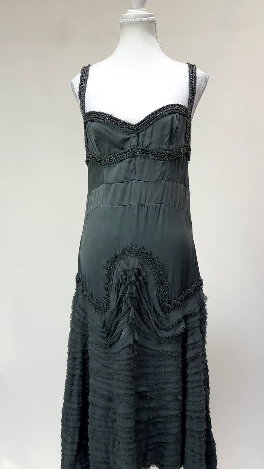 Nicola Finetti, Grey Beaded Ruffle Hem Strap Silk Flare Hem  Dress, Size 10